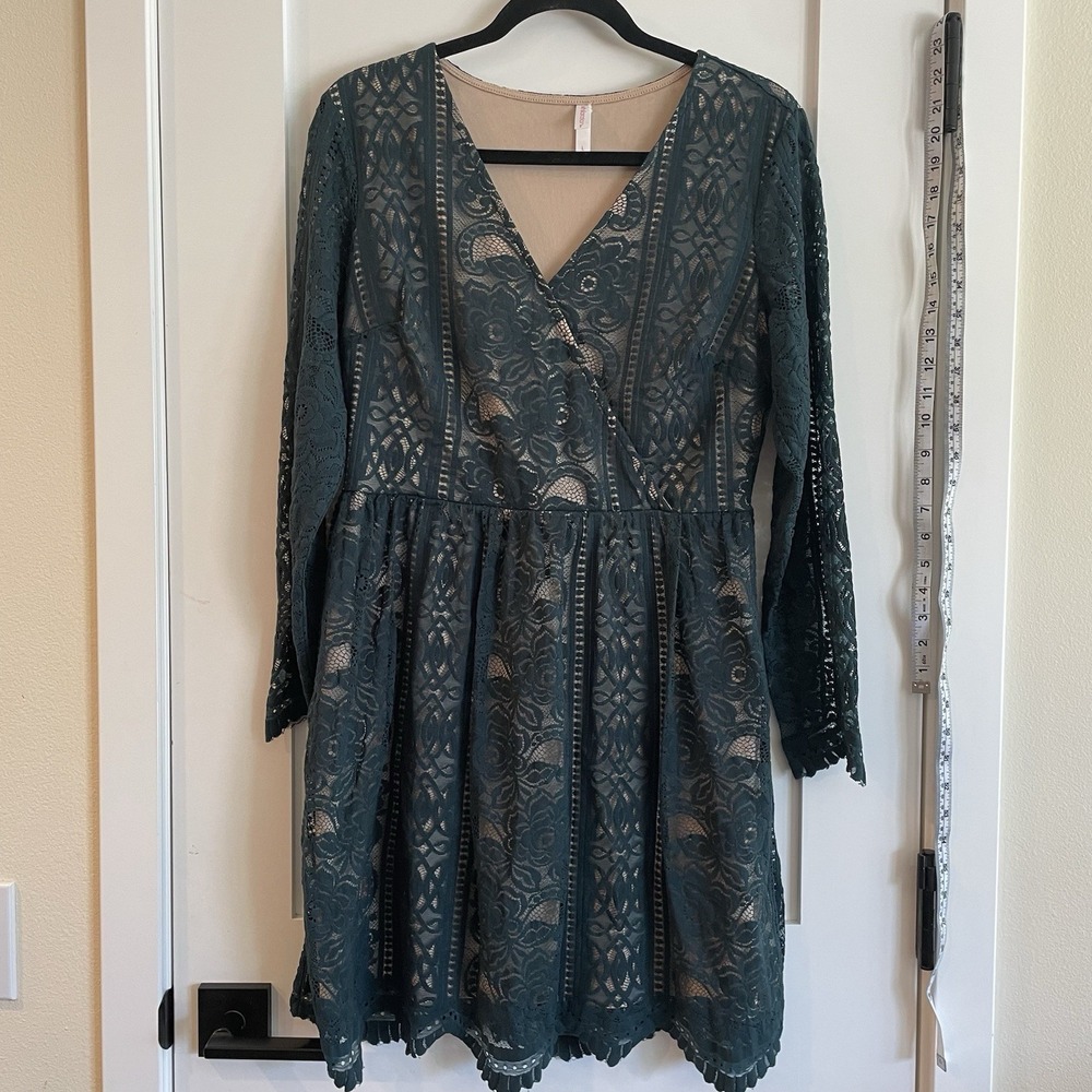 Xhilaration Olive Cream Floral‎ Lace Lined V-Neck Dress Boho Fairy Whimsigoth L